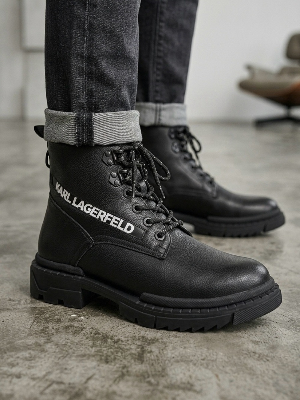 Karl Lagerfeld Paris Black Leather Combat Lug Sole Boots Size 8